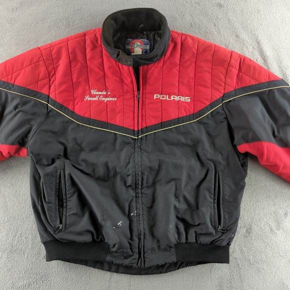 Polaris Bomber Jacket Mens Large Red Black Nylon Full Zip Coat Spellout Logo - Picture 2 of 15